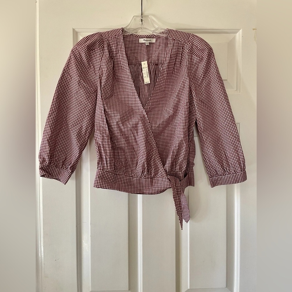 NWT $69.50 Madewell XXS Maroon Gingham Wrap Cotton Blouse